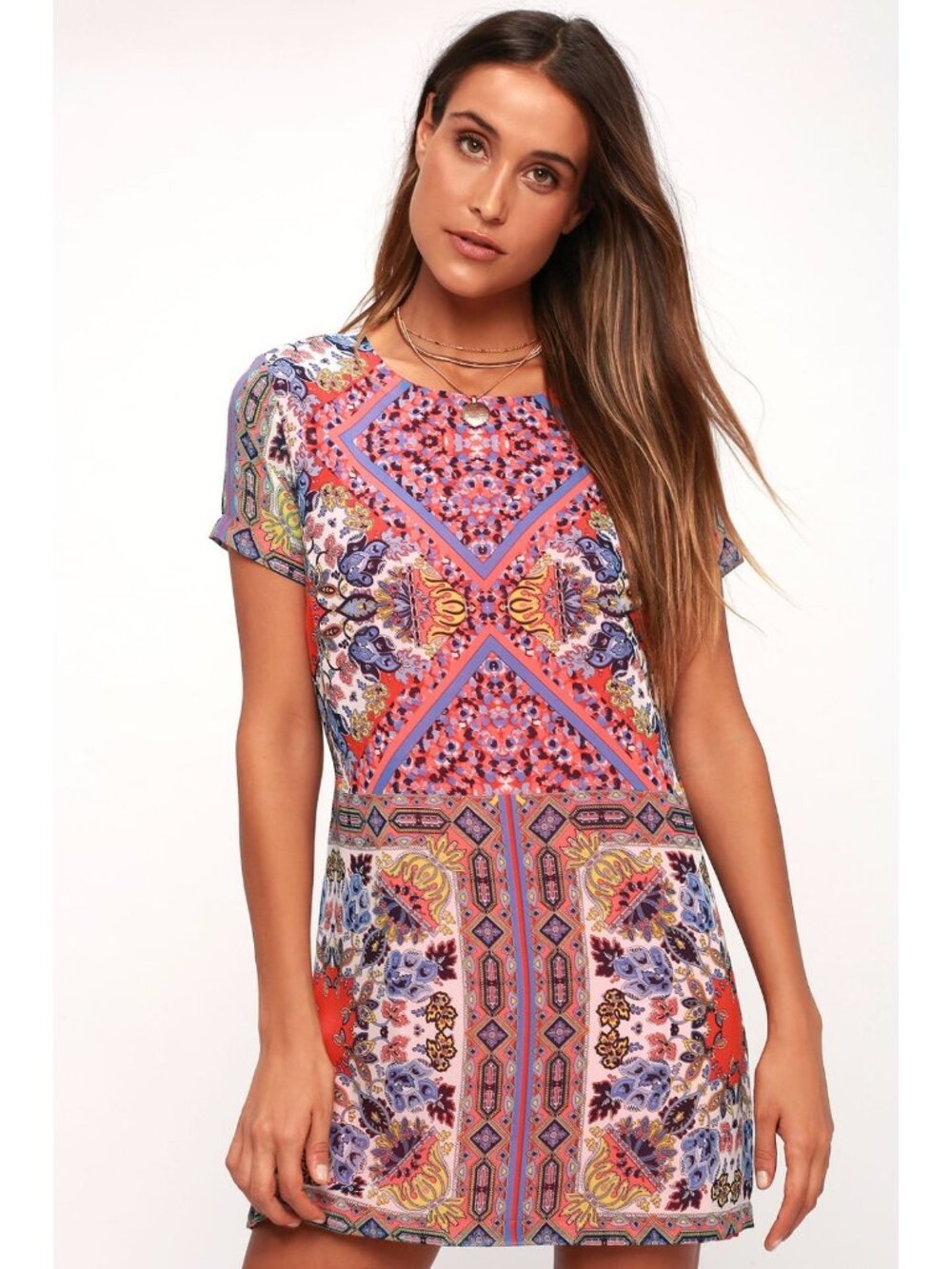 Lulus Dress Womens Small Sangria Coral Pink Tile Print Shift Mini Stretch Knit